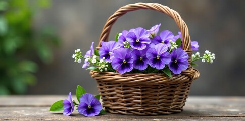 delicate purple violets in woven wicker basket, wildflowers, flower arrangement