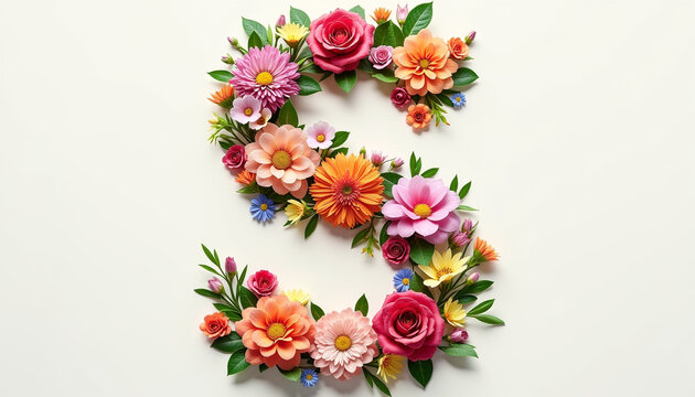 Letter S of the English alphabet, made entirely of colorful flowers