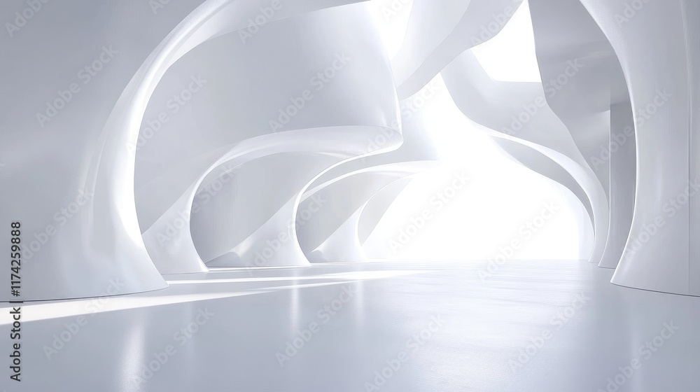 Poster minimalist abstract interior design with bright white curved structures and soft light environment