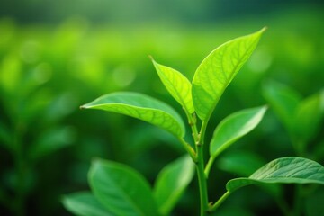Freshly plucked tea leaves on a green tea plant stem, leaves, verdant, plant