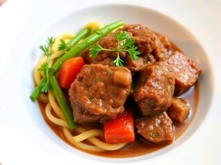 Boeuf Bourguignon is a French dish: Beef meat and vegetables stew.