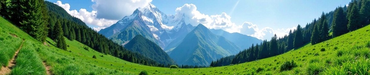 Obraz premium Lush green forests and meadows below the majestic Kanchenjunga mountain, Asia, Himalayas