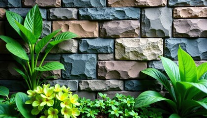 Quarrystones wall with plant growth and leafy greens, plant growth, garden