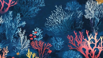 Vibrant Coral Reef Illustration in Deep Aquamarine Tones Featuring Diverse Marine Life and Rich Underwater Texture