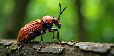Naklejka premium Titanus giganteus on tree bark with forest background, insect, entomology