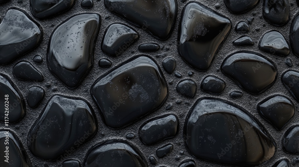 Aufkleber black pebble stones with water droplets creating a textured 3d background for design and environment