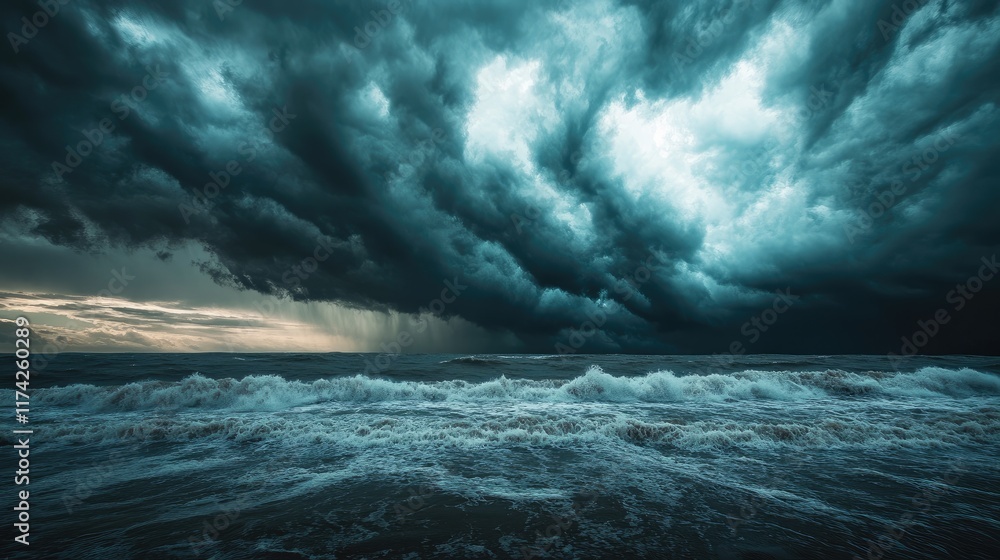 Poster Dramatic storm clouds above turbulent ocean waves creating a foreboding atmosphere showcasing nature's power and impending weather changes