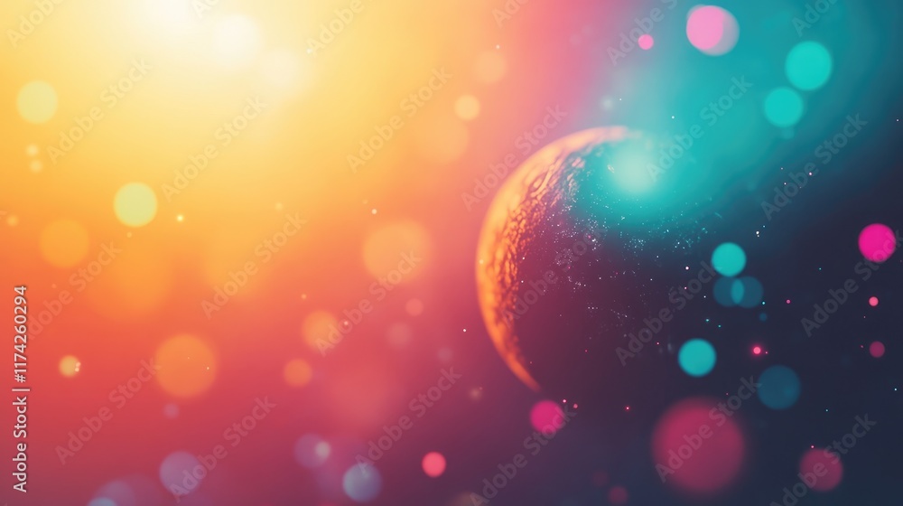 Poster Cosmic planet in vibrant abstract background with light flares and colorful bokeh effects on azure orange blurred texture