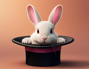 A white rabbit peeks out from a black top hat with a pink ribbon against peachy background
