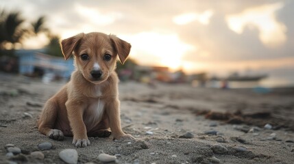 Adorable stray puppy sitting on sandy beach at sunset creating a heartwarming and serene scene of nature and companionship.