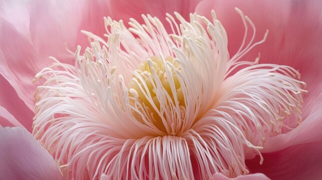 Paeonia lactiflora anemone shaped pink flowers with creamy white petaloid staminodes showcasing delicate flower details in bloom