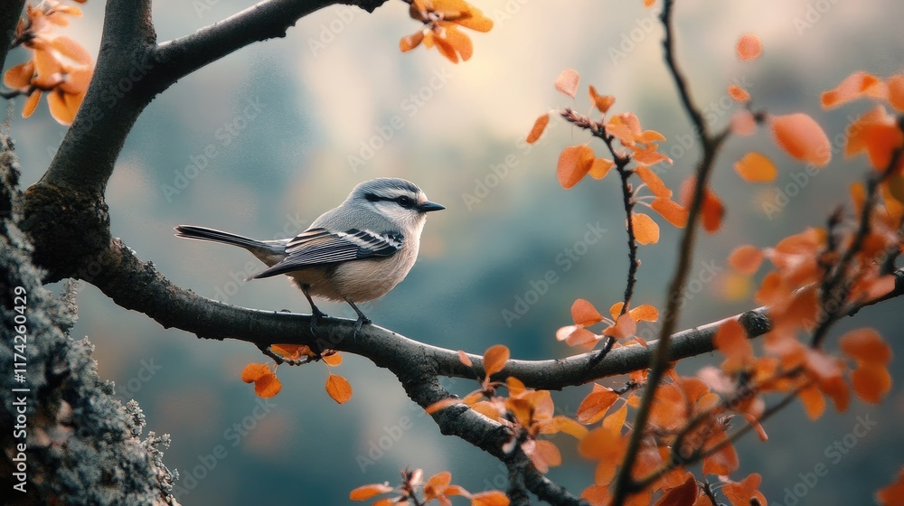 Poster bird perched on a tree branch surrounded by autumn leaves in a serene natural setting