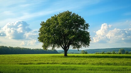 Obraz premium Majestic green tree standing alone in a vibrant field under a bright blue sky with fluffy clouds in a serene natural landscape