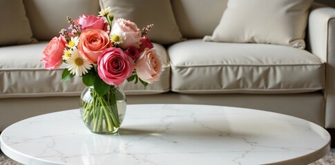Fresh flower bouquet placed on a sleek white marble coffee table, coffee table, decor