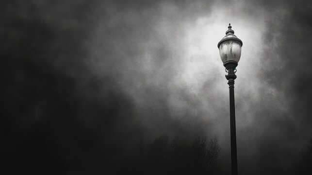 Fototapeta Mysterious street light illuminating foggy night scene evoking a sense of solitude and intrigue in black and white atmosphere