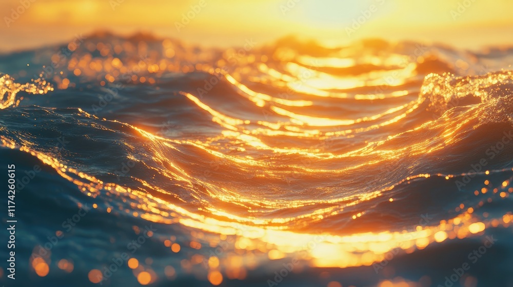 Poster golden sunlight reflecting on ocean waves during sunrise creating a serene and tranquil beach atmosp