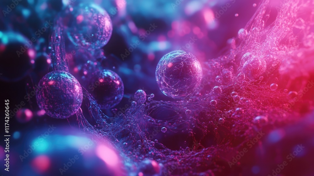 Poster vibrant 3d abstract psychedelic visuals with bubbles and colorful light effects in a dynamic composi