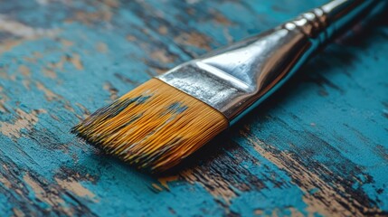 Fototapeta premium Close-up of a paint brush resting on a weathered blue wooden surface showcasing bristles and artistic tools for creative projects