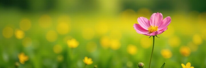 Obraz premium Solitary pink flower blooms in green field with yellow grass, flowers, nature, petals