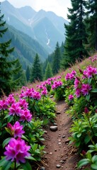 Purple Rhododendron flowers in full bloom on a mountain trail, forest, purple flowers, landscape