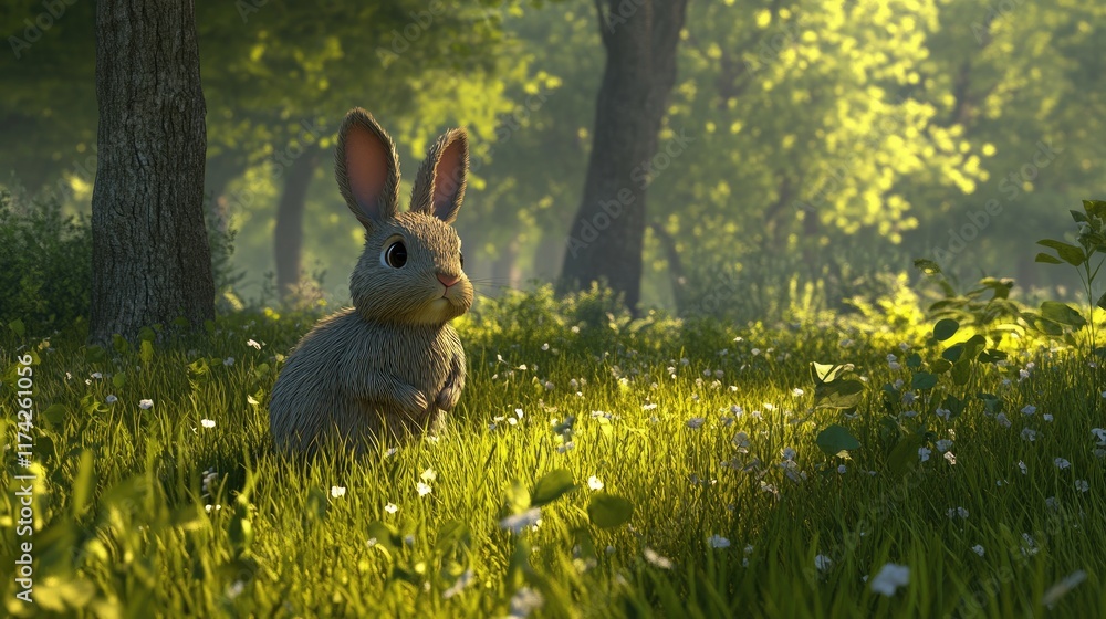 Poster 3d animated bunny rabbit sitting in a lush green woodland with soft sunlight filtering through trees