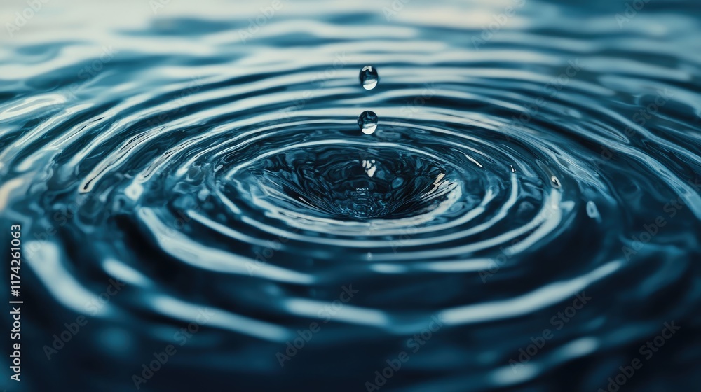 Poster Cool Toned Water Ripple Effect with Droplet Creating Circular Waves in Liquid Surface