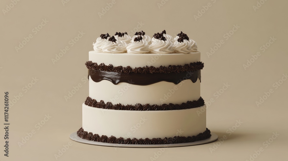 Poster three layer 3d cake mockup with chocolate frosting and whipped cream decoration high quality image f