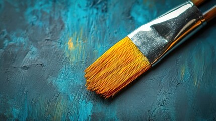 Fototapeta premium Detailed close-up of a paint brush resting on vibrant textured canvas showcasing rich artistic colors and strokes for creative backgrounds