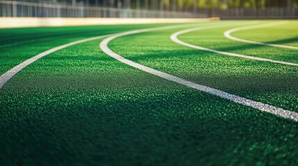 Fototapeta premium Close up of an athletic track showcasing a vibrant green surface with dynamic curved lanes for competitive running and sports events.