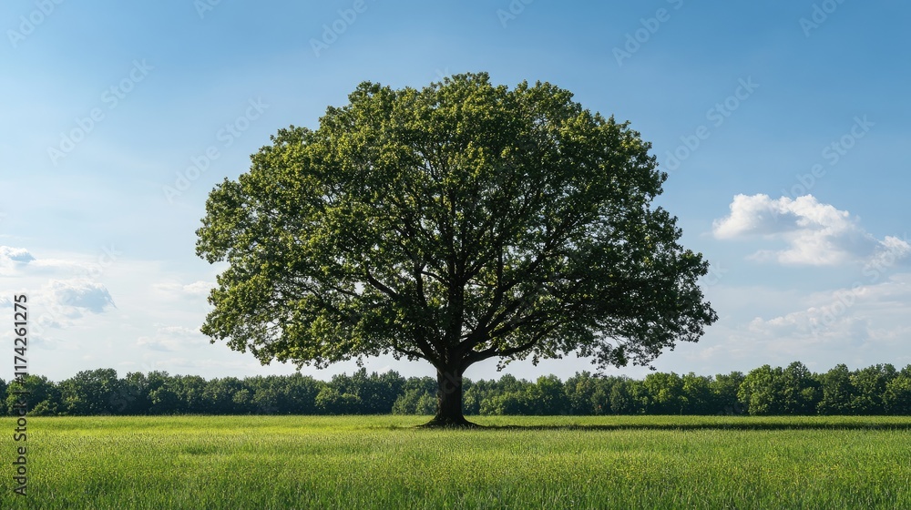 Aufkleber majestic green oak tree in a sunlit field with blue sky and fluffy clouds creating a serene natural 
