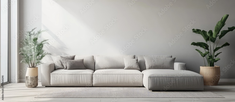 Poster modern 3d rendered corner sofa in minimalist interior with lush plants and empty space for text disp