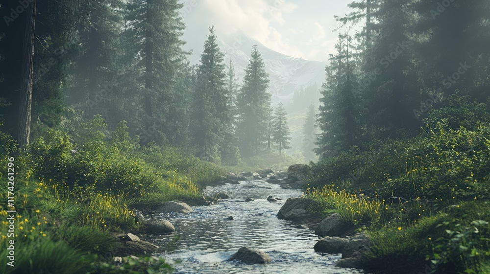 Aufkleber serene mountain stream flowing through lush greenery on a misty day surrounded by tall trees and dis