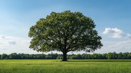 Fototapeta premium Majestic green oak tree in a sunlit field with blue sky and fluffy clouds creating a serene natural landscape scene