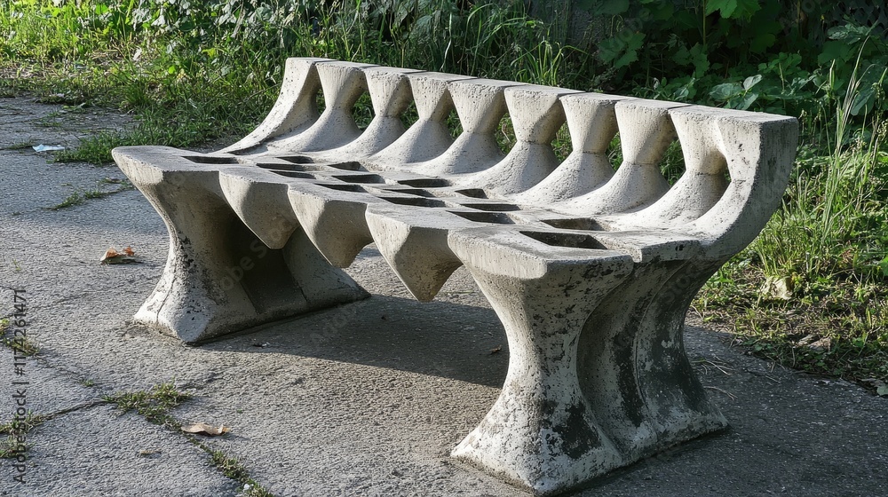 Poster Cement bench featuring a unique design resembling a chessboard pattern set in an outdoor environment