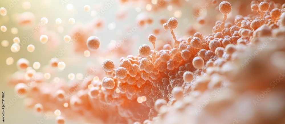 Poster 3d abstract molecular structure of human skin with particle focus and soft background ideal for scie