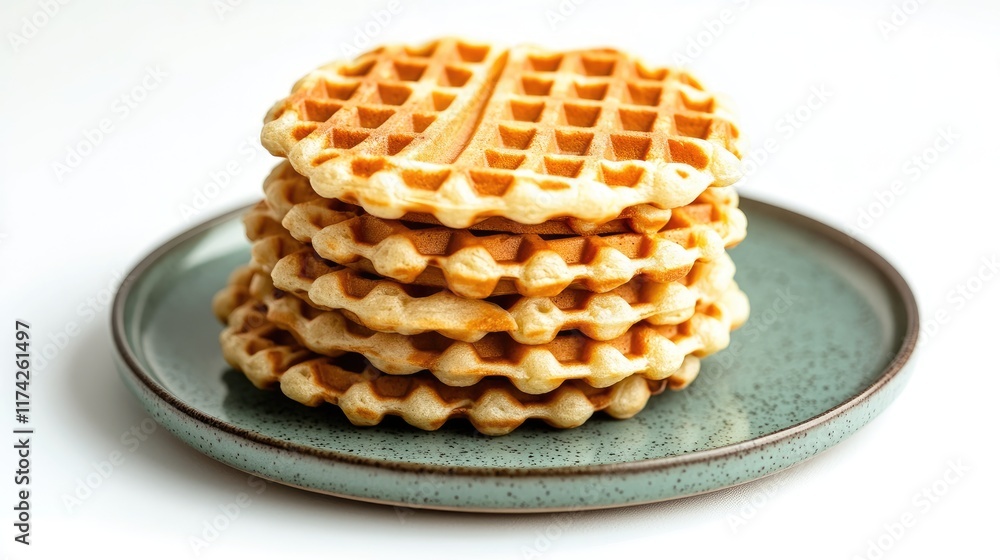 Poster stack of golden waffles on a green plate with soft shadows against a clean white background showcasi
