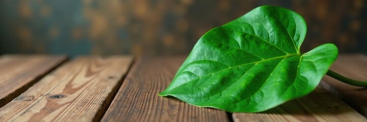 Single large philodendron leaf on a wooden table, rustic, philodendron