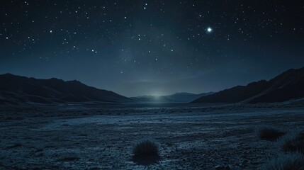 Starry Night Sky Over a Serene Landscape with Mountains and a Calm Horizon at Dusk