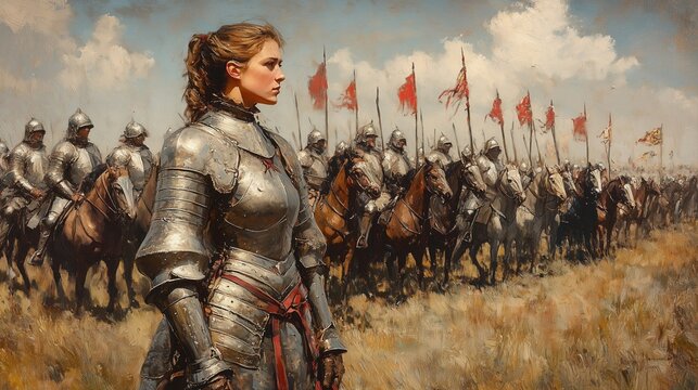 Medieval heavily armed female cavalry. Oil painting style. Holding a long spear in a cavalry charge. Cavalry followed her. On the battlefield. Armor sparkles in the sun.