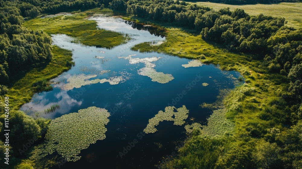 Aufkleber aerial view of a tranquil summer river surrounded by lush greenery and water lilies reflecting the s