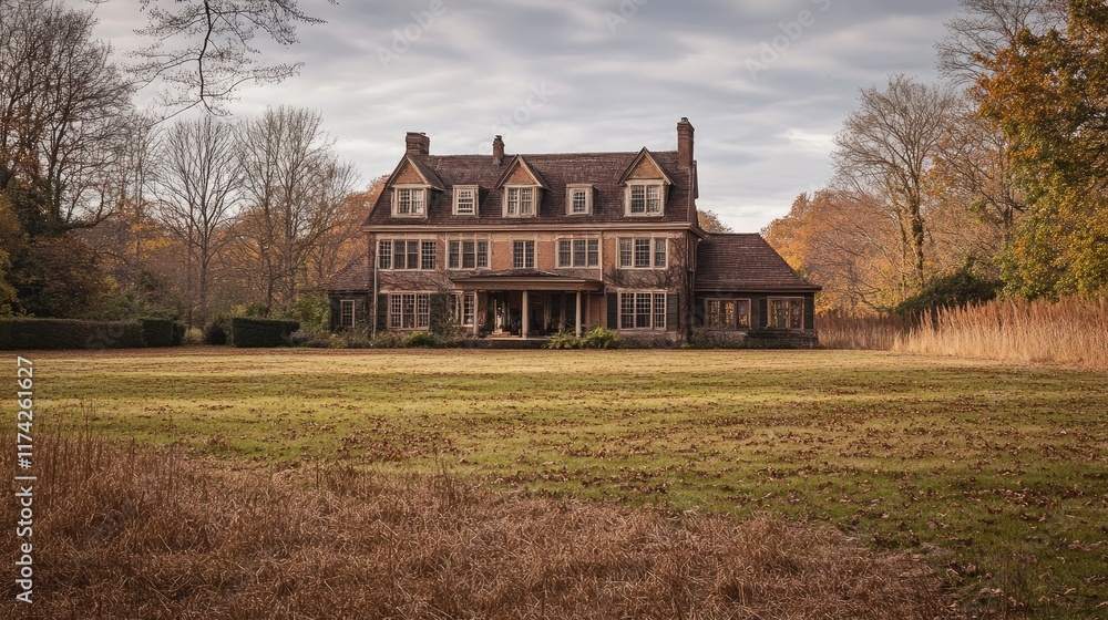 Poster elegant country mansion surrounded by autumn foliage and open fields showcasing classic architecture