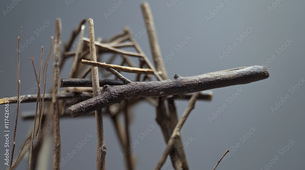 Poster Abstract arrangement of wooden sticks creating a unique structure against a neutral background showcasing natural textures and shapes.