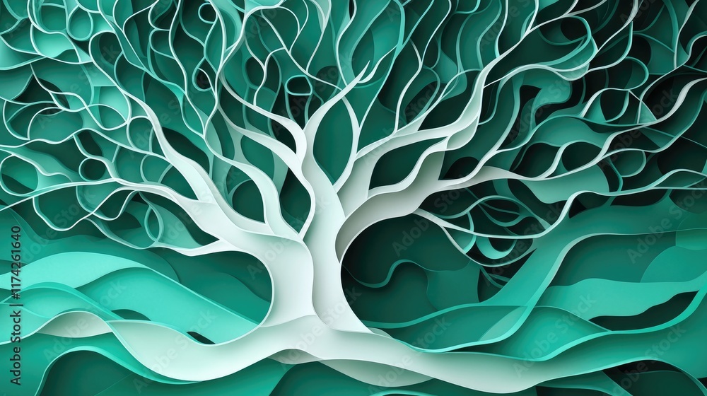 Poster 3d abstract green and white paper cut tree design with intricate layered branches and foliage on a t