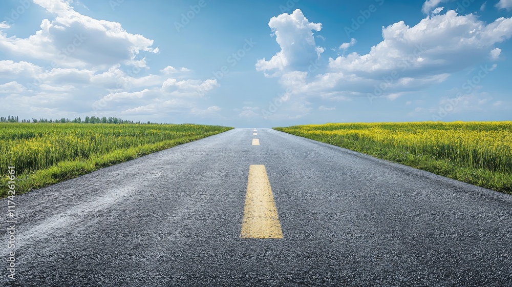 Poster scenic view of an empty lined road stretching into the horizon surrounded by lush green fields and a