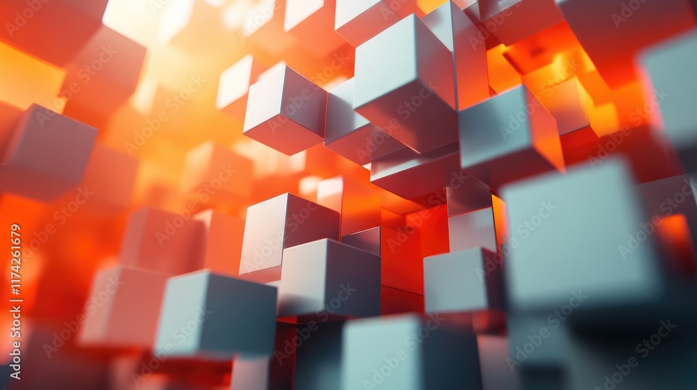 Poster abstract 3d geometric shapes in dynamic composition with soft focus and vibrant warm color palette