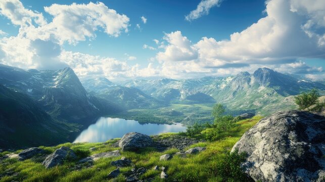 Breathtaking mountain landscape featuring a serene lake grassy slopes rocky foreground and vibrant blue sky with fluffy clouds on a summer day - Powered by Adobe