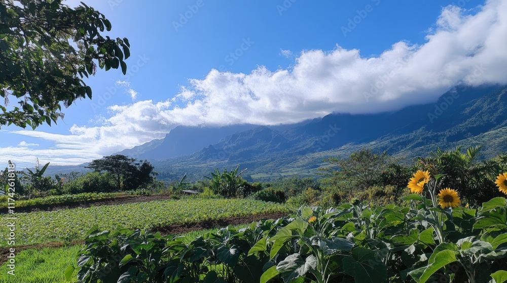 Poster lush sunflower field under a vibrant sky with clouds and mountains in the background showcasing natu