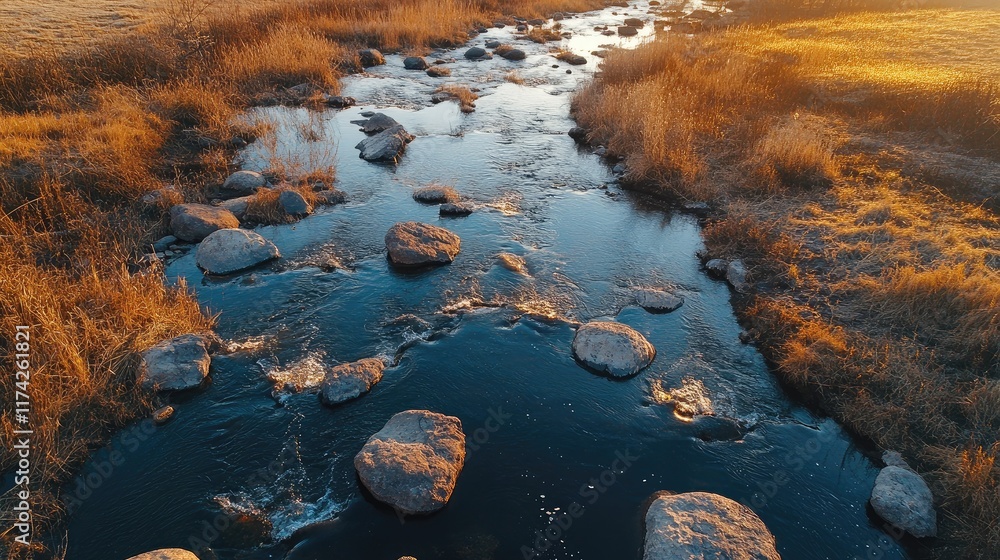 Poster aerial view of a serene stream with large stones and dry vegetation illuminated by warm evening ligh