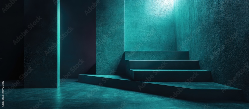 Poster 3d abstract dark grunge space with steps and illuminated walls for creative text and design usage