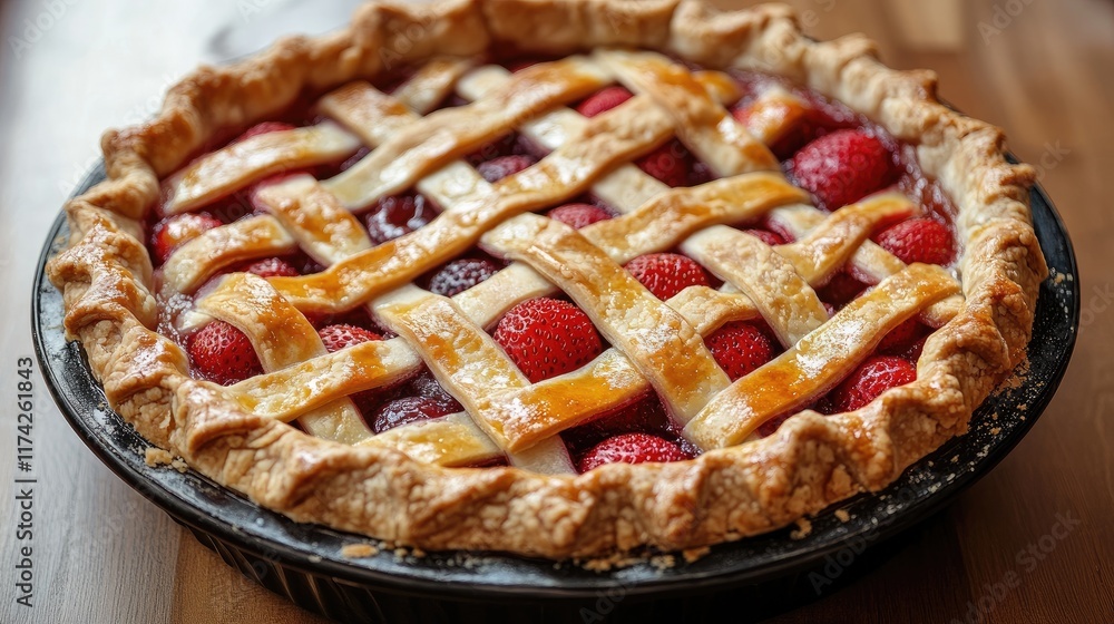 Poster delicious strawberry pie with a golden lattice crust displayed on a wooden table inviting a homemade